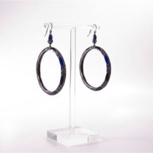 Designer Midnight Black Enamel Pave Cabochon Statement Hoop Earrings NWT 198